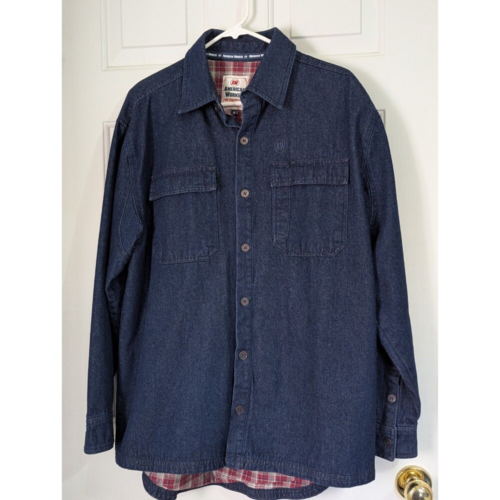 American Worker Denim L/S Button Shirt Mens Medium Blue Flannel Lined Pockets
